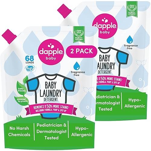 Baby Laundry Detergent by Dapple Baby, Concentrated & Hypoallergenic, Powered by Plants, Stain Removing Natural Ingredients, Fragrance Free, 34 Fl Oz (Pack of 2)
