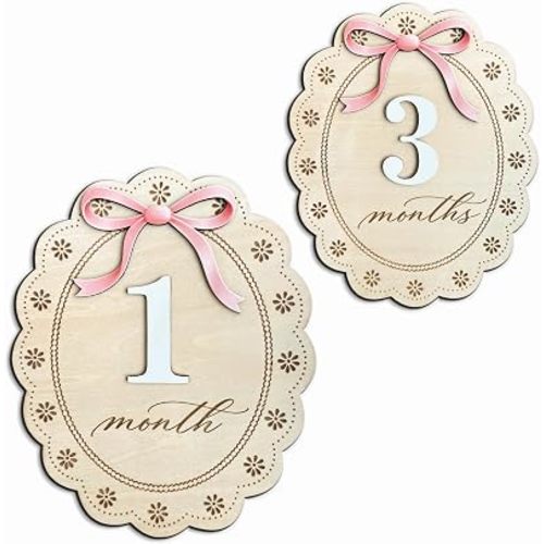 Baby Girl Monthly Milestone Signs, Double Sided Large 8 Inch Wooden Disc with Pink Bow & Daisy Floral Design, Interchangeable Numbers 1-12 Months, Newborn Photography Props Nursery Decor (Multicolor15)