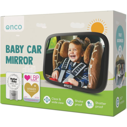 Onco Baby Car Mirror Rear Facing - Double Award-Winning Convex Car Mirror for Baby, 100% Shatterproof & Shakeproof with 360° Rotation, Newborn Essentials (9.6 x 6.9 in)