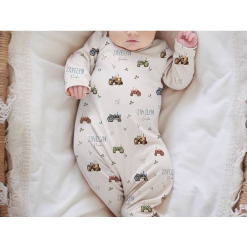 Farm Theme Baby Gown Personalized | Tractor Days Infant Outfit | Easy On/Off Tie Bottom Newborn Gift