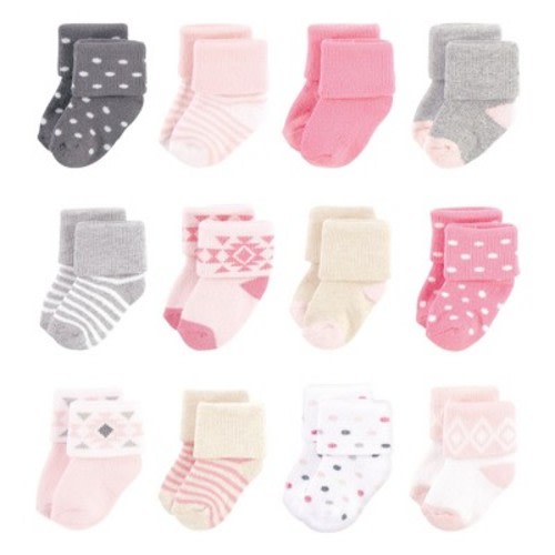 Hudson Baby Infant Girl Cotton Rich Newborn and Terry Socks, Pink Gray Aztec, 0-6 Months