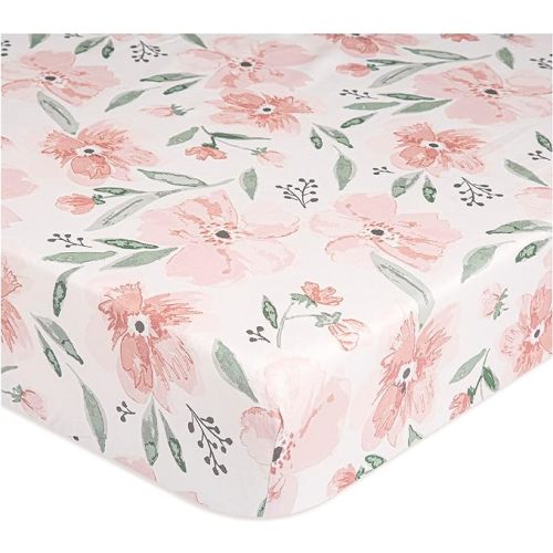 Crane Baby Soft Cotton Crib Mattress Sheet, Fitted Sheet for Cribs and Toddler Beds, Pink Floral, 28”w x 52”h x 9”d