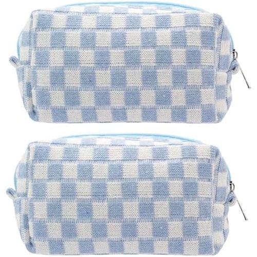 PAZIMIIK Checkered Makeup Bag for Purse Portable Zipper Make Up Pouch Small Cosmetic Case for Travel Accessories (2PCS Blue)