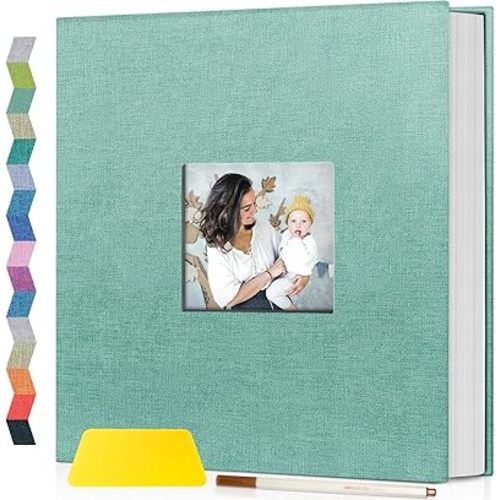 popotop Photo Album Self Adhesive with Picture Display Window,40 Pages DIY Scrapbooking Supplies Kit for 4x6 8x10 Picture,Linen Cover Memory Book for Baby Wedding, with Scraper and Metallic Pen