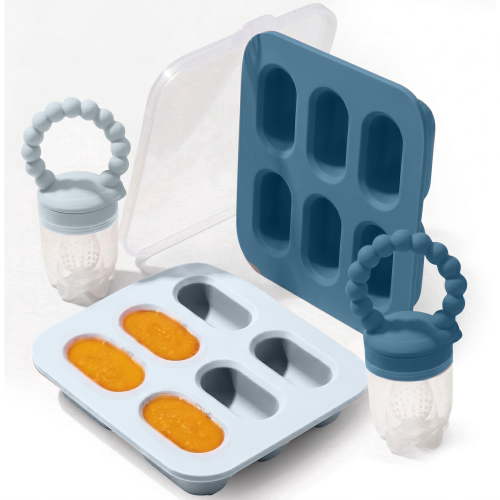 Silicone Baby Fruit Feeders with Freezer Tray for Batch Prep, Set of 2 Safe & Convenient Includes Extra Pouches & Travel Lids, Dishwasher Safe, Blue