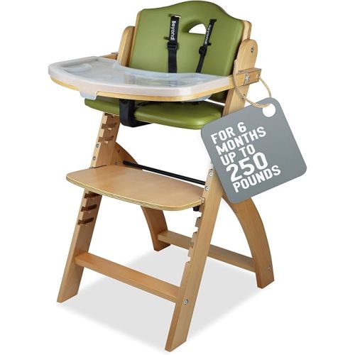 Abiie Beyond Junior Wooden High Chair with Tray - Convertible Baby Highchair - Adjustable High Chair for Babies/Toddlers/6 Months up to 250 Lbs - Stain & Water Resistant Natural Wood/Olive Cushion