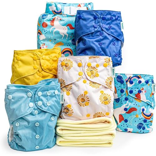 Kinder Cloth Diapers Set of 5 Reusable Baby Diapers Pocket Style Athletic Wicking Jersey, Bamboo Viscose Inserts, Wet Bag, Newborn to Potty Training 7-60lbs, One Size (Magical Skies)