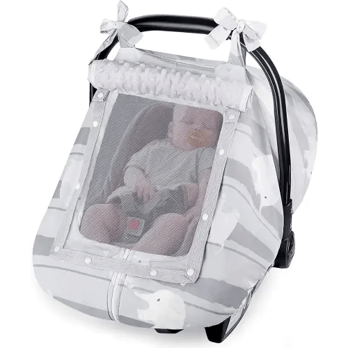 FIOBEE Baby Car Seat Cover, Car Seat Covers for Babies Infant Car Seat Canopy with Breathable Mesh Window Waterproof Carseat Cover for Babies Boy Girl 4 Seasons