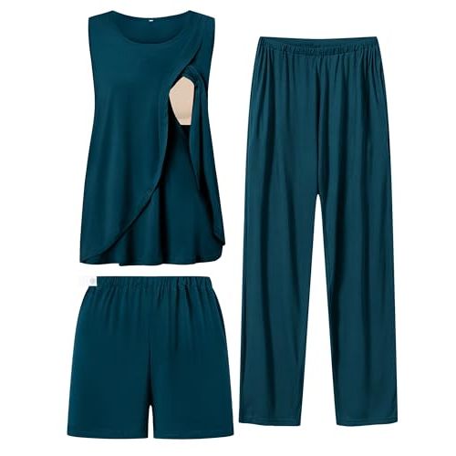 SWOMOG Women Maternity Pajama Set 3Pcs Nursing Pjs Sleeveless Pregnancy Set Breastfeeding Pjs Double Layer with Pockets