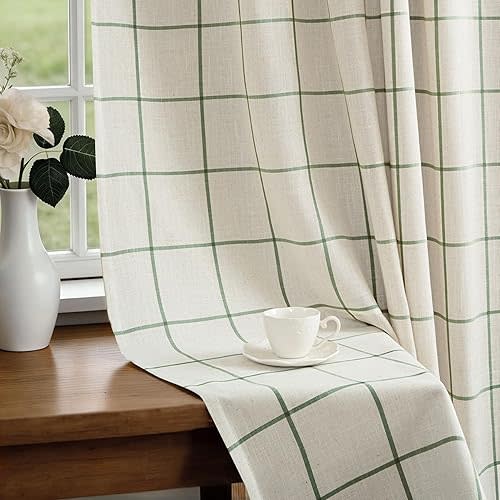 DriftAway 100% Blackout Plaid Linen Curtains W52xL84 Loden Green