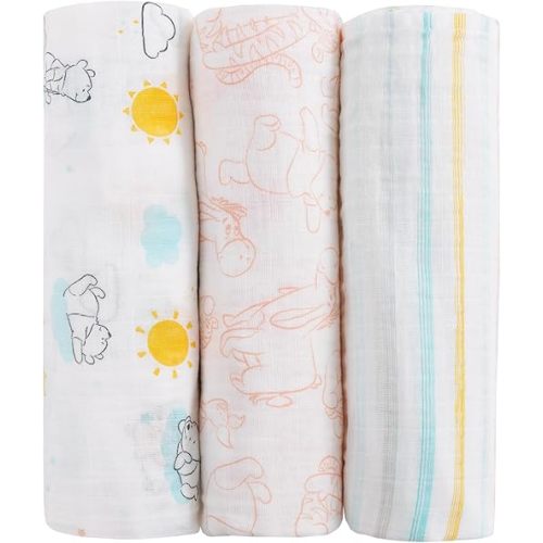 Disney Winnie The Pooh Yellow, Aqua, and White 3 Piece Muslin Swaddle Baby Blanket Set