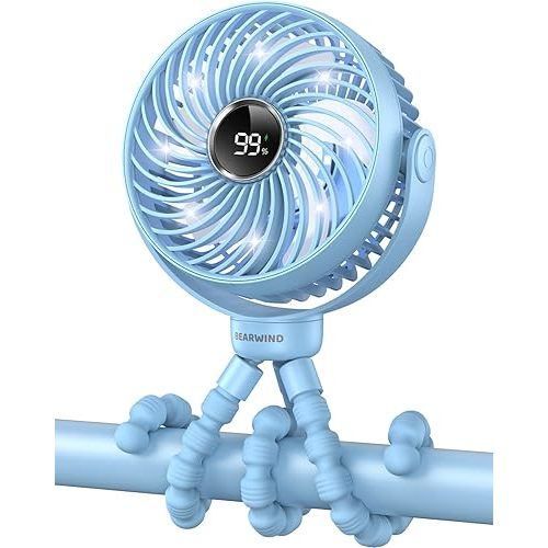 Portable Stroller Fan for Travel,360° Rotation,4-Speed LED Night Light Clip on Fans Operated by Rechargeable Battery, Cordless Fan with Tripod Car Seat Baby Pram(Blue)