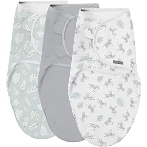 SwaddleMe Easy Change Swaddle – Size Small/Medium, 0-3 Months, 3-Pack (Zebra Botanical) Easy to Use Newborn Swaddle with Bottom Zipper So You Can Change Diaper Without Unwrapping Baby