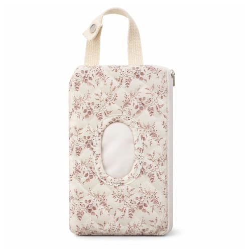 Quilted Diaper Wipe Pouch Hanging Floral Wet Wipes Bag Reusable Fabric Cover with Zipper & Lanyard for Car Daily Casual Travel Mommy Bag (B)