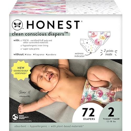 The Honest Company Clean Conscious Diapers | Plant-Based, Sustainable | Young at Heart + Rose Blossom | Club Box, Size 2 (12-18 lbs), 72 Count