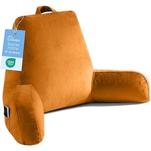 Reading Pillow for Sitting in Bed Adult, X-Large Reading Pillow with Shredded Memory Foam, Back Pillow for Sitting Up with Extend Arms, Pockets, Bed Pillow with Washable Cover, Orange