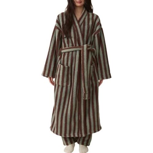 Arssm Womens Striped Fluffy Robe Long Plush Bathrobes Fuzzy Warm Cozy Thick Oversized Loungewear Maxi Robe