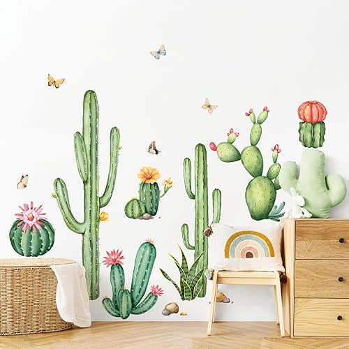 Tanlaby Large Cactus Wall Decals Green Plants Wall Stickers Peel and Stick Tropical Art Decor for Living Room Bedroom Kitchen Sofa TV Background