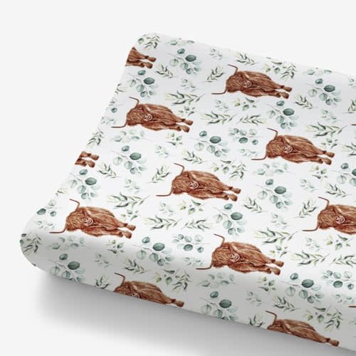 HawSkgFub Highland Cow Eucalyptus Leaf Changing Pad Cover for Baby Girl Boy, Natural Western Farm Animal Diaper Change Table Covers, Soft Stretchy Safe Snug Fitted Changing Mat Sheet Fit 32"/34" x 16"