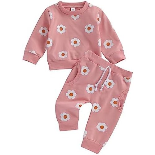 Baby Girl Fall Winter Outfits Toddler Clothes Long Sleeve Floral Graphic Crewneck Sweatshirt + Joggers Pants Set