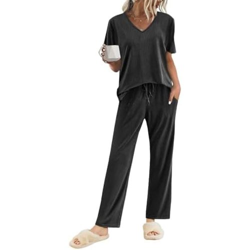 Ekouaer Womens Ribbed Knit Lounge Set Short Sleeve Top and Long Pants Sleepwear Pajama Set Two Piece Matching Outfits Set