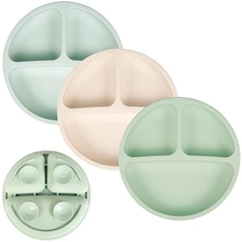 Mia Li Suction Plates for Baby – Set of 3 Toddler Plates with Suction – Cute and Colorful Silicone Plates for Weaning – Ideal for Baby Feeding, Food Storage (Sage, Sand & Stone, Without Lids)