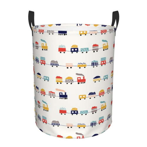 Junzan Colorful Trains Print Large Laundry Basket,Freestanding Laundry Hamper Storage Basket for Toys Bin Pillows Blankets Clothes-Medium