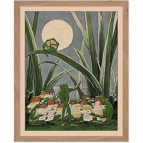 Poster Master Frogs Under The Moon Poster - Frog Print - Moon Art - Lunar Art - Toad Art - Lake Art - Grass Art - Humorous Art - Funny Beach or Lake House Coastal Wall Decor, 8x10 Beige Framed