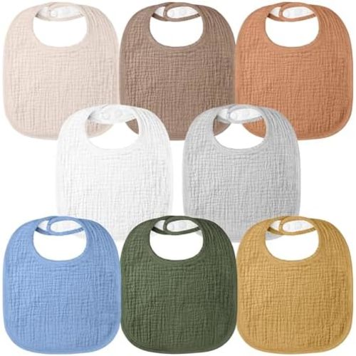 Bearmoss Baby Bibs for Drooling and teething 100% Cotton Muslin Bibs for Baby Boy & Girl,Adjustable, Ultra Absorbent,8 Pack