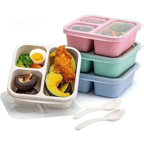 4 Pack Snack Containers, Bento Snack Box with 3 Compartment, Wheat Straw Reusable Lunch Containers for Adults Divided Food Storage Containers for Work Travel