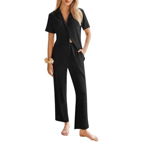 Ekouaer Womens Rib Knit Pajamas Button Up Lounge Sets Short Sleeve Top and Long Pants Matching Pjs Sleepwear Loungewear