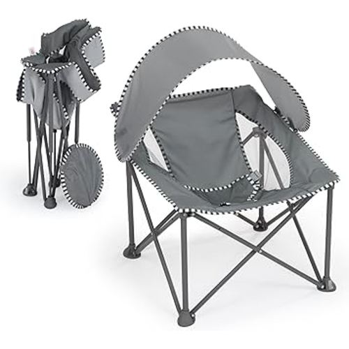 Bright Starts Pop 'N Chill Travel Seat, Indoor/Outdoor Use, Infant Seat with UPF 50+ Canopy, Grey, Ages 0-6 Months