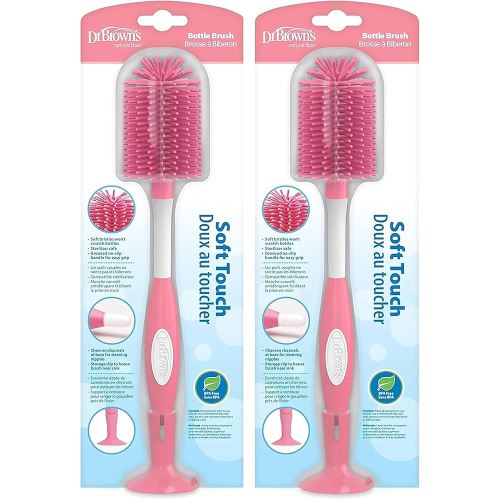 Dr. Brown's Soft Touch No Scratch Baby Bottle Cleaning Brush Nipple Cleaner with Stand and Storage Clip, BPA Free, Pink 2-Pack