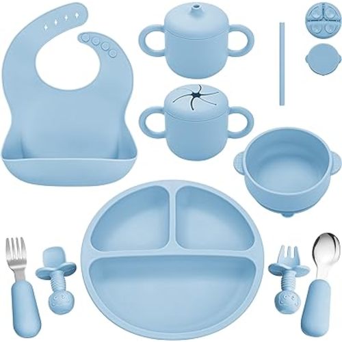 Silicone Baby Feeding Set, Baby Led Weaning Supplies, Eating Essentials Utensils with Suction Plate and Bowl, Pocket Bib, Sippy Cup with Lid, Forks Spoons Snack Container, for 6+ Months, Blue
