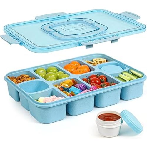 Caperci Snackle Box Container - Large 10 Compartments Divided Serving Tray with Lid and Handle, Built-in 2 Dip Containers, Dishwasher Safe, Leak-Proof, Wheat Straw, BPA-Free (Blue)