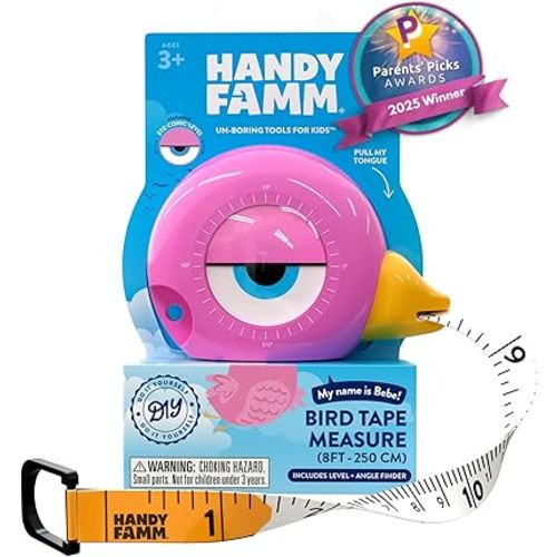 Handy Famm 8ft Pink Bird Tape Measure for Kids – STEM Educational Tool with Level, Protractor, Retractable Design - DIY Construction Toy, Child-Safe Measuring Tapes, Gift for Boys & Girls 3+