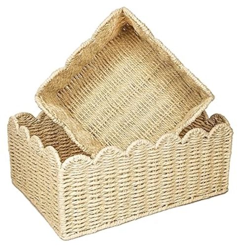 Scalloped Edge Basket, Wicker Storage Baskets, Hand Woven Baskets for Shelves,Natural Baskets for Organizing (S+M)