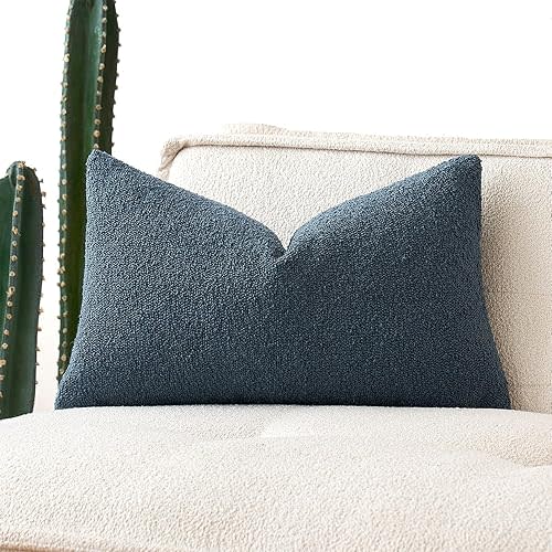 MIULEE Textured Boucle Throw Pillow Cover Dark Blue Accent Solid Lumbar Pillow Case Decorative Soft Pack of 1 Couch Cushion Chair Sofa Bedroom Livingroom Home Decor,12x20 Inch