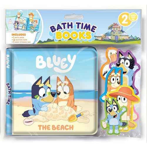 Bluey The Beach Bath Time Books - Activity Books for kids, Bath book, 6 Padded suction cups, 1 Mesh bag
