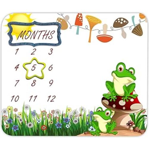 Frog Baby Monthly Milestone Blanket, 48x40in Cartoon Animal Plants Sun Mushroom Green Grass Blanket Soft Flannel for Unisex Newborn Baby Shower, Baby Growth Chart Photography Blanket BTTXTE045