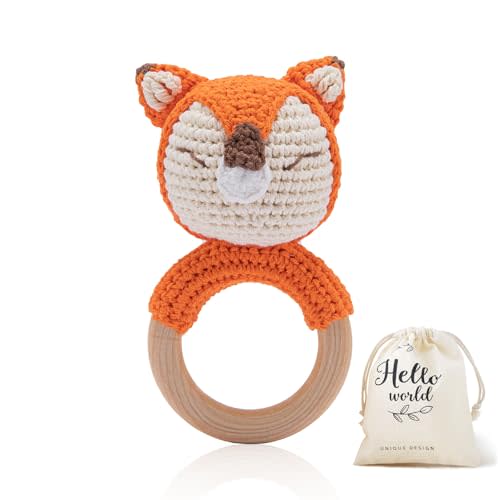 WOODEN TEETHER Crochet Baby Rattle, Crochet Baby Toys, Organic Wooden Newborn Toys, Newborn Animal Rattle Toys，Knitted Stuffed Animals Gifts for Baby, Fox