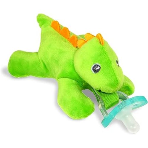 RaZbaby RaZbuddy Stuffed Animal Pacifier Holder for Newborns & Up, Made in The USA, Detachable Orthodontic JollyPop Pacifier, Medical-Grade 100% BPA-Free Silicone, Baby Shower - 0 Months+ (T-Rex)