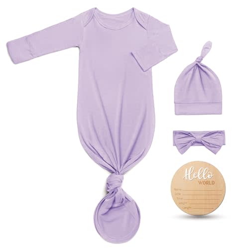 Hello World Newborn Outfit Knotted Gown 0-3 Months, Baby Girl Boy Coming Home Sleeper with Sign