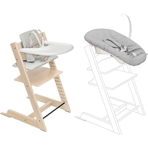 Stokke Tripp Trapp High Chair 2 (Natural) + Newborn Set + Cushion 2 (Nordic Grey) + Stokke Tray (White) - Includes Chair & Baby Set with Removable Harness for Children 6-36 Months