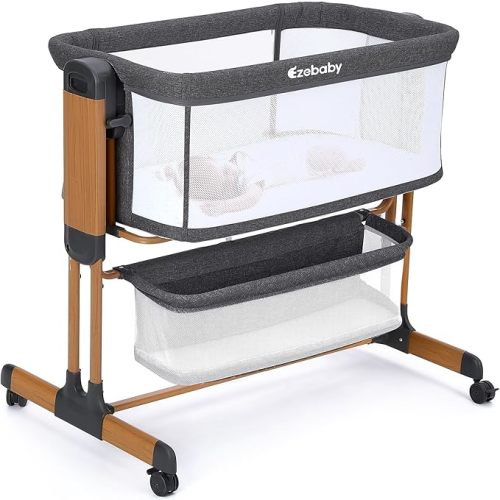Ezebaby 3-in-1 Baby Bassinet, Rocking Baby Bassinets Bedside Sleeper, Adjustable Portable Crib for Newborn Infant with Wheels Storage Basket and Mesh Sides