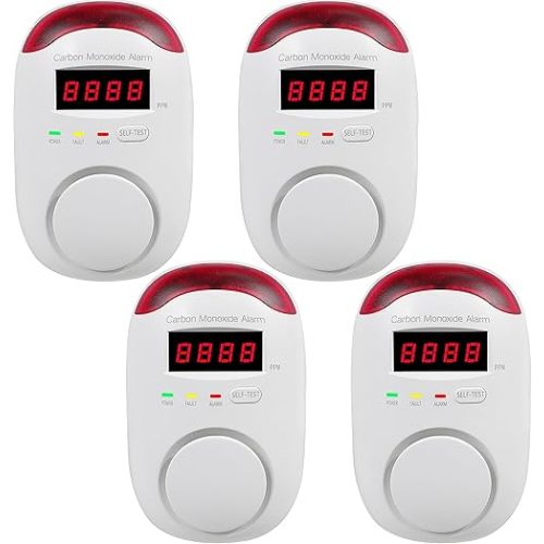 4 Packs Plug in Carbon Monoxide Detector, Portable Carbon Monoxide Alarm with LED Digital Display, AC Plug in Wall CO Detector Monitor with Light and Voice Alert for Home/Apartment/Hotel