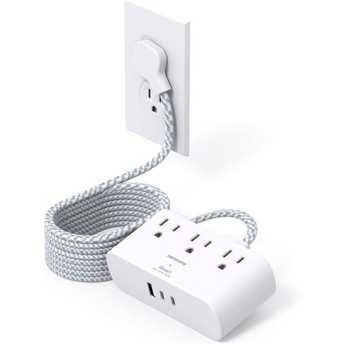 Flat Extension Cord 10 Ft, Ultra Thin Flat Plug Power Strip, 3 Outlets 3 USB Ports(2 USB C) Desk Charging Station, Power Strip with No Surge Protector for Cruise Ship, Travel, Dorm Room Essentials - White
