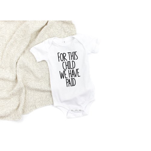 For this child we have PAID baby bodysuit, funny IVF baby bodysuit, IVF and infertility baby clothes, pregnancy announcement, baby reveal.