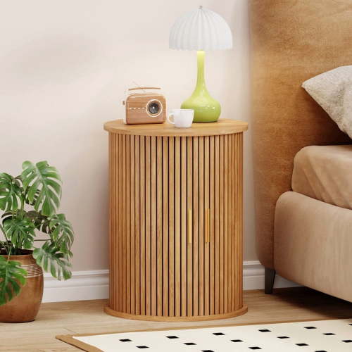 Fluted Round Side Table, Mid Century Modern Night stand with Sliding Tambour Door and Storage Shelf, Wood Bedside Table, End Table for Small Space,Bedroom, Living Room
