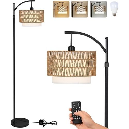 Arc Floor Lamp for Living Room with 3 Color Temperatures, Farmhouse Floor Lamps with Remote & Dimmable Bulb, Boho Standing Lamp with Rattan & Fabric Shades, Adjustable Tall Lamp for Bedroom, Office